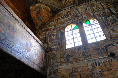 Ukraine - circa August 2018: Interior of St. George's Church in Drohobych. It is part of the World Heritage Site - Wooden Tserkvas of the Carpathian Region in Poland and Ukraine.のeditorial素材