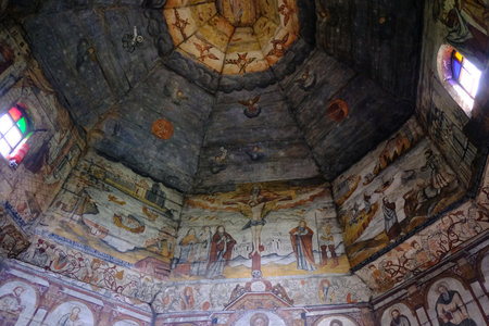 Ukraine - circa August 2018: Interior of St. George's Church in Drohobych. It is part of the World Heritage Site - Wooden Tserkvas of the Carpathian Region in Poland and Ukraine.のeditorial素材