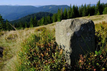 Ukraine, Eastern Carpathians, Central Gorgany Mountains - stone pre-war border post (the border between Poland and Czechoslovakia ran hereの写真素材