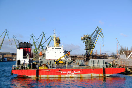 Gdansk, Poland - circa March 2020: View of shipyard areas with ships and shipbuilding cranesのeditorial素材