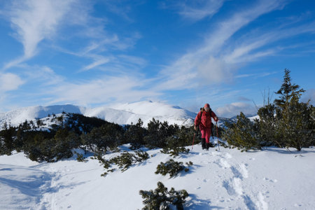 Low Tatras, Slovakia - circa February 2020: Man on snowshoe during trip from Certovica to Dumbier - the highest peak of the Low Tatras in Slovakiaのeditorial素材