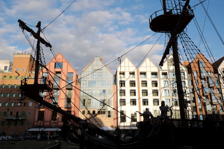 Gdansk, Poland - circa July 2020: Island of Granaries with modern buildings on the Motlawa River...