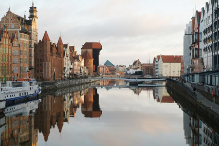 Gdansk, Poland - circa March 2021: Beautiful view of Old Town around Motlava river in morning lightのeditorial素材