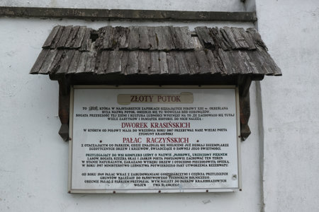 Zloty Potok - circa May 2020: Information board of Krasicki Manor House in the village of Zloty Potok in Krakowsko-Czestochowska Upland, Silesia, Polandのeditorial素材