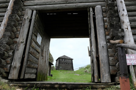 Ogrodzieniec, Poland - circa May 2020: Gate of reconstructed royal town on Gora (Mount) Birow around Ogrodzieniec, Podzamcze, Krakowsko-Czestochowska Upland, Polandのeditorial素材