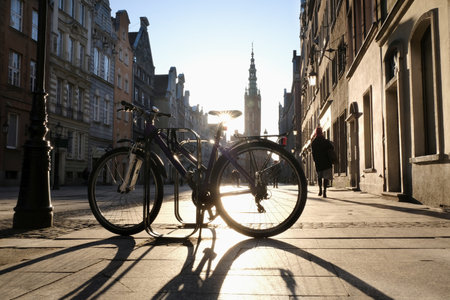 Bike is standing on street in morning light on Dluga Street, OldTown, Gdansk, Polandの写真素材