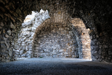 Ogrodzieniec, Poland - circa May 2020: Ruins of medieval castle at morning light. It is Ogrodzieniec...