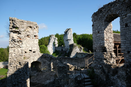 Ogrodzieniec, Poland - circa May 2020: Ruins of medieval castle at morning light. It is Ogrodzieniec castle on Eagles Nests trail in the Jura region, Podzamcze, Krakowsko-Czestochowska Upland, Polandのeditorial素材