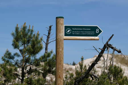 Lubiatowo, Poland - May 30, 2021: Signpost in "Lubiatowska Dune" nature trail on the Baltic Sea, Lubiatowo, Polandのeditorial素材