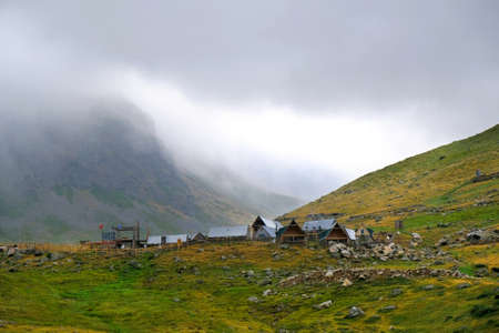 DobÃ«rdol, Albania - circa August 2021: Scenery of mountain shepherd village in valley in Albanian Alps, Albania, Peaks of the Balkans.のeditorial素材