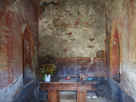 Italy, the Alps, the La Thuile - circa July 2016: Interior of stone chapel around the Refuge Deffeyesのeditorial素材
