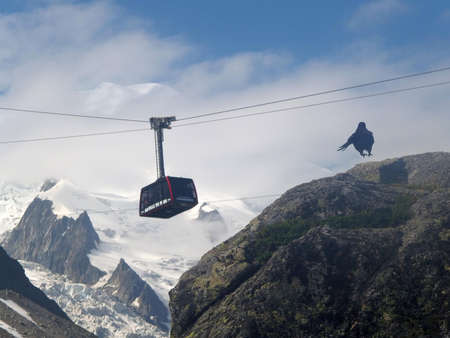 Aiguille du Midi, France - circa July 2016: Cable car on Aiguille du Midi, peak in Alps in moutain massif Mont Blanc. During trekking Tour du Mont Blanc.のeditorial素材