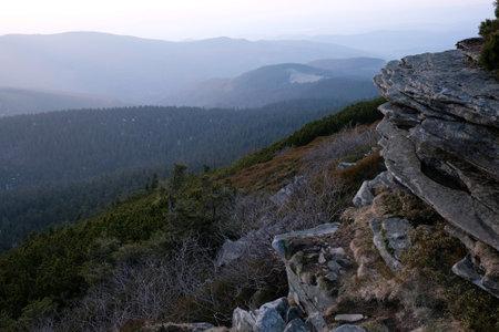 View from peak Pilsko in mountains Beskid Zywiecki at sunset, Poland