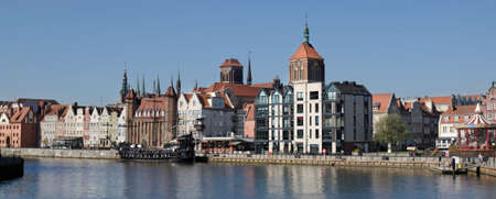 Panorama of Old Town in Gdansk and Motlawa river with ships. Poland