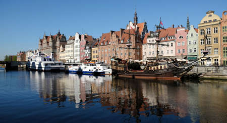 Panorama of Old Town in Gdansk and Motlawa river with ships. Poland