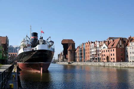 Old Town in Gdansk and Motlawa canal with ship. Polandの写真素材