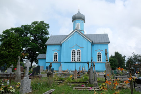 Historic wooden orthodox church and cemetery in Ryboly, Podlasie, Polandの写真素材