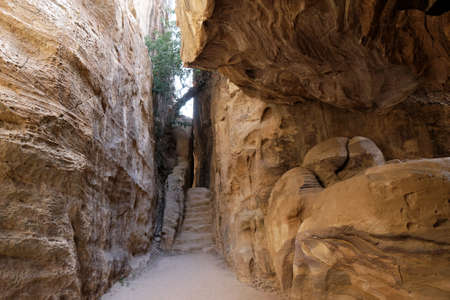 Beautiful scenery of stone stairs to viewpoint in Little Petra (Siq al-Barid) to Petra. Jordan, Hashemite Kingdom of Jordanの写真素材