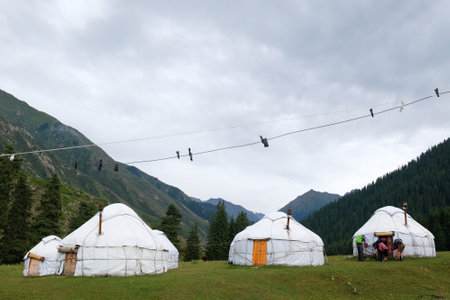 Yurt camp in Karakol Mountains, Tien Shan Mountains, Kyrgyzstan, Central Asia. Traditional nomad's...