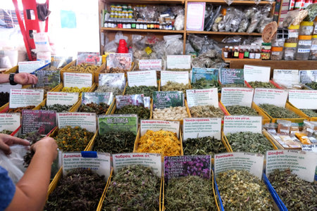 BISHKEK, KYRGYZSTAN - circa July 2021: Stalls with traditional mountain teas in Osh Bazaar, central market in Bishkek, Kyrgyzstan.のeditorial素材
