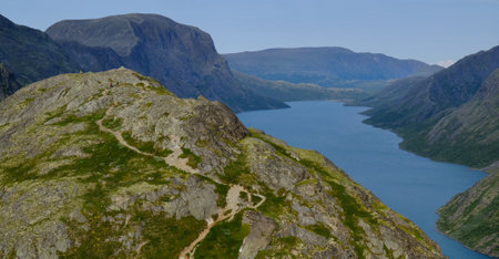 Beautiful mountain views on trail above Lake Gjende, around Gjendesheim mountain hut. Jotunheimen National Park, Norwayの写真素材
