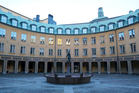 Stockholm, Sweden - circa February 2023: Square of Branting - Brantingtorget round public square named after Prime Minister Hjalmar Branting with fountain.のeditorial素材