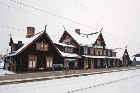 Boden Sweden - circa February 2023: Railway station in Boden in winter scenery. Boden is town in Sweden near the Arctic Circle. Swedish Lapland,のeditorial素材