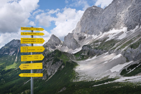 Dachstein, Austria - July 5, 2023: Tourist signposts at Sudwandhutte mountain shelter, on tourist trail from Turlwand to Oberhofalm. Trekking under the majestic walls of Hocher Dachstのeditorial素材
