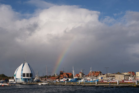 Hel, Poland - October 15, 2023: Panorama of Hel city, famous resort by Baltic sea, with characteristic building named "Hel Egg) next to marina. Hel Penisula, Polandのeditorial素材