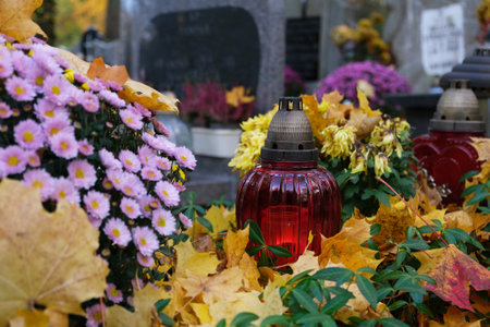 Grave with glass candles and flowers in pots among dry autumn leaves in cemetery on November dayの写真素材