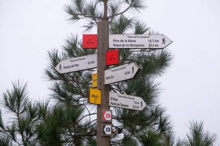 Tourist signpost on trail from recreation area Refugio del Pilar to National Park Caldera de...