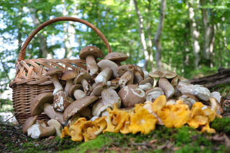 Pile of cut mushrooms boletus on ground in forest by wicker basket. A lot of chanterelle mushrooms on foreground.の写真素材