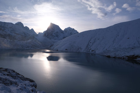 Amazing winter scenery of Himalaya panorama from route to Renjo La Pass. Gokyo settlement by lake and Mount Everest on horizon. Sagarmatha National Park, Himalayas, Nepalの写真素材