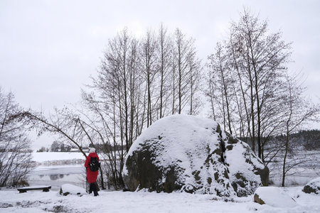 Huge stone by lake and silhouette of woman in red coat in winter scenery. Cranes Blota (Mud Cranes)...