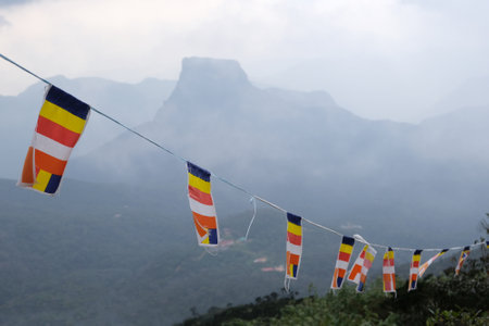 Colorful buddhist flags on way down from Adam's Peak (5500 stone steps). It is famous place for pilgrimage.の写真素材