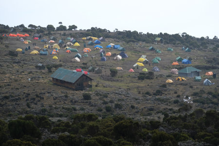 Scenery of Shira Camp on trail to Kilimanjaro with tents from distance, Machame Route, Tanzaniaの写真素材