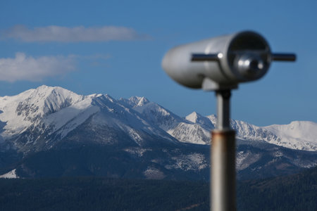 Viewpoint Pass over Lapszanka with snow-capped peaks of High Tatras and Bialskie Tatras mountains...