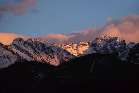 Panorama of Tatras mountains in sunset scenery from viewpoint Antalowka, Zakopane, Poland