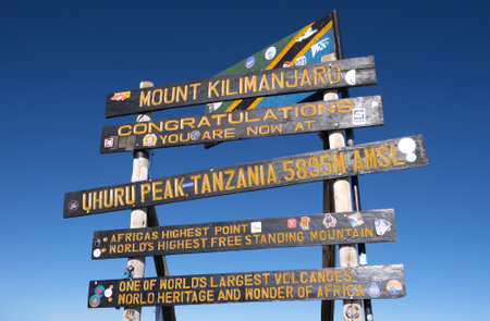 Kilimanjaro, Tanzania: Board infrormation, peak sign on Uhuru peak on Kibo volcano (Kilimanjaro)...