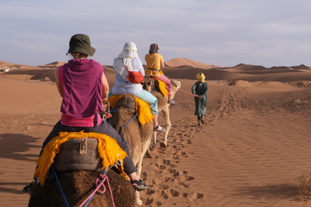 Caravan with camels on Sahara desert, Moroccoの写真素材