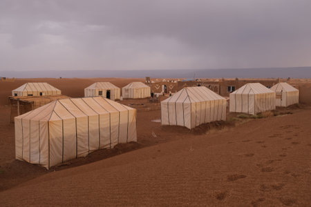 Camp with tents of tourists on Sahara desert in Morocco.の写真素材