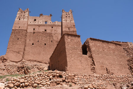 Casbah, traditional moroccan fortress, built of mud and straw, near city of Tamellalt, Morocco, Atlas mountainsの写真素材