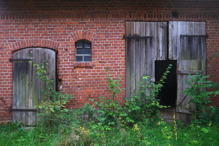 Front wall of a brick barn with wooden doors.の写真素材
