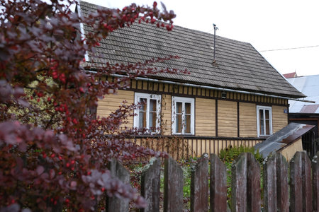 Scenery of Lopuszna village with traditional buildings, Malopolska, Gorce zMountains, Polandの写真素材