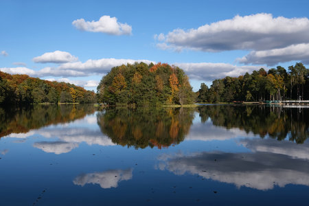 Colorful autumn forest on horizon and beautiful reflection of trees in water. Lapinskie Lake, Lapino, Kashubia, Polandの写真素材