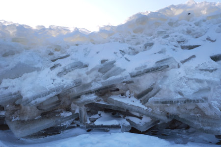Ice toros (mountains of piled-up ice) on the beach in Mikoszewo, Baltic Sea, Pomerania, Poland. This...