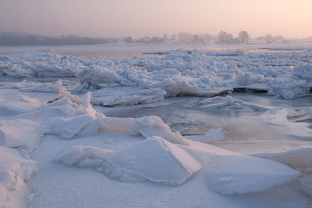 Amazing scenery of frozen Vistula river with shuga - ice floe in shape of discs. An interesting phenomenon on Vistula river. The estuary of Vistula, Sobieszewska Island, Polandの写真素材