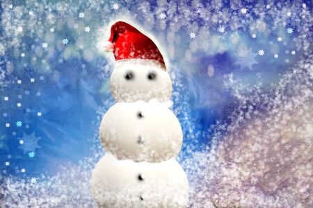 Snowman with Santa hat on blue backgroundの写真素材