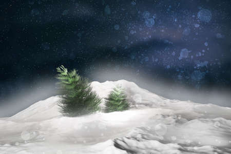 Christmas background with pine trees in snow. Winter landscape.の写真素材