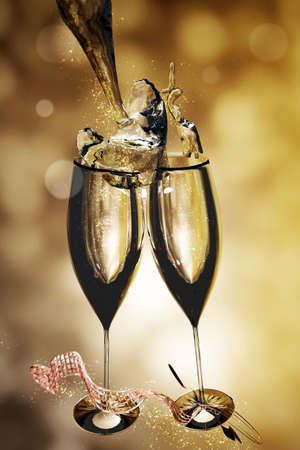 Two champagne glasses with splashing beverage on Christmas background.の写真素材
